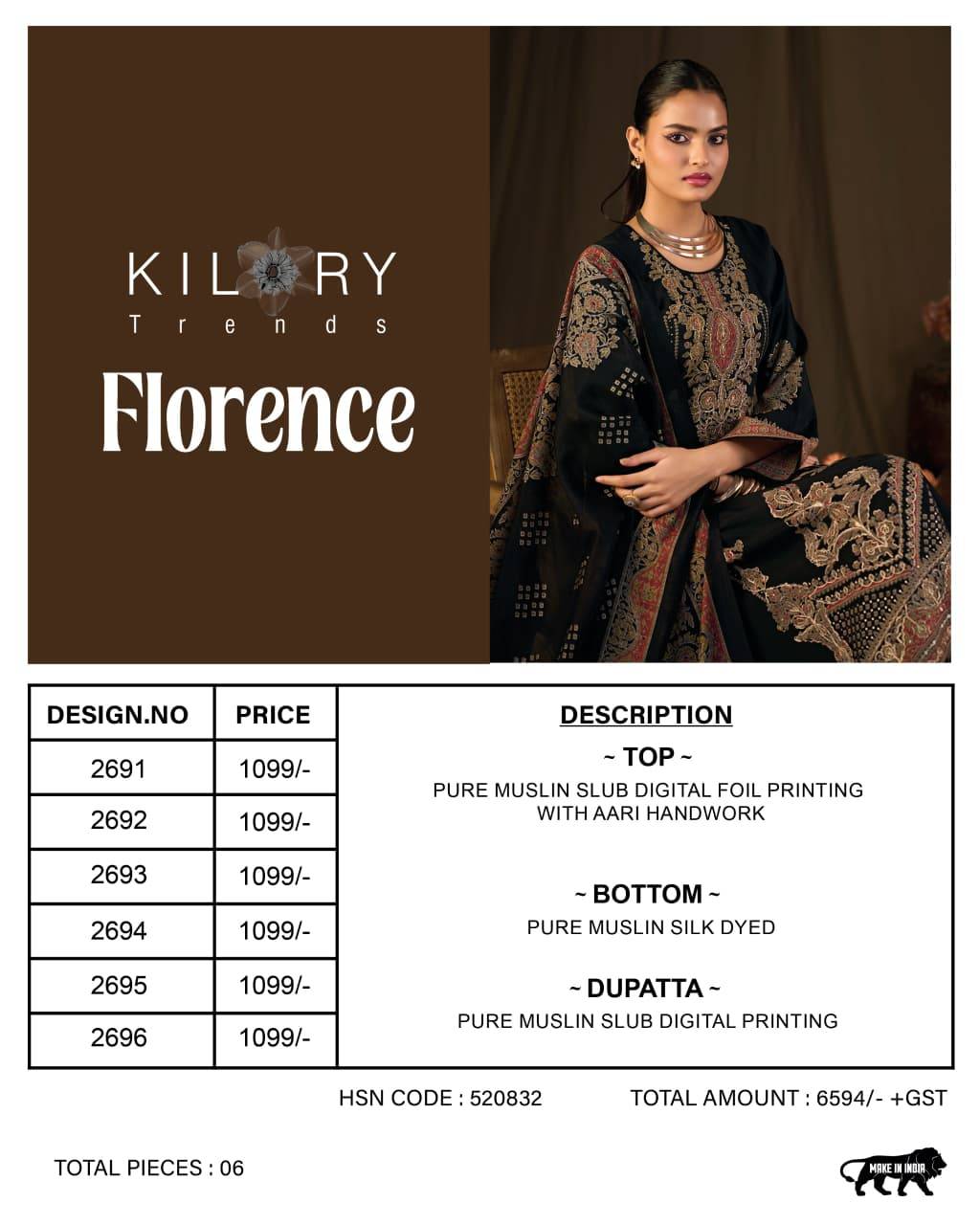  FLORENCE BY KILORY TRENDS 2691 To 2696 Series Stylish Beautiful Colourful PURE MUSLIN Dresses At Wholesale Price
